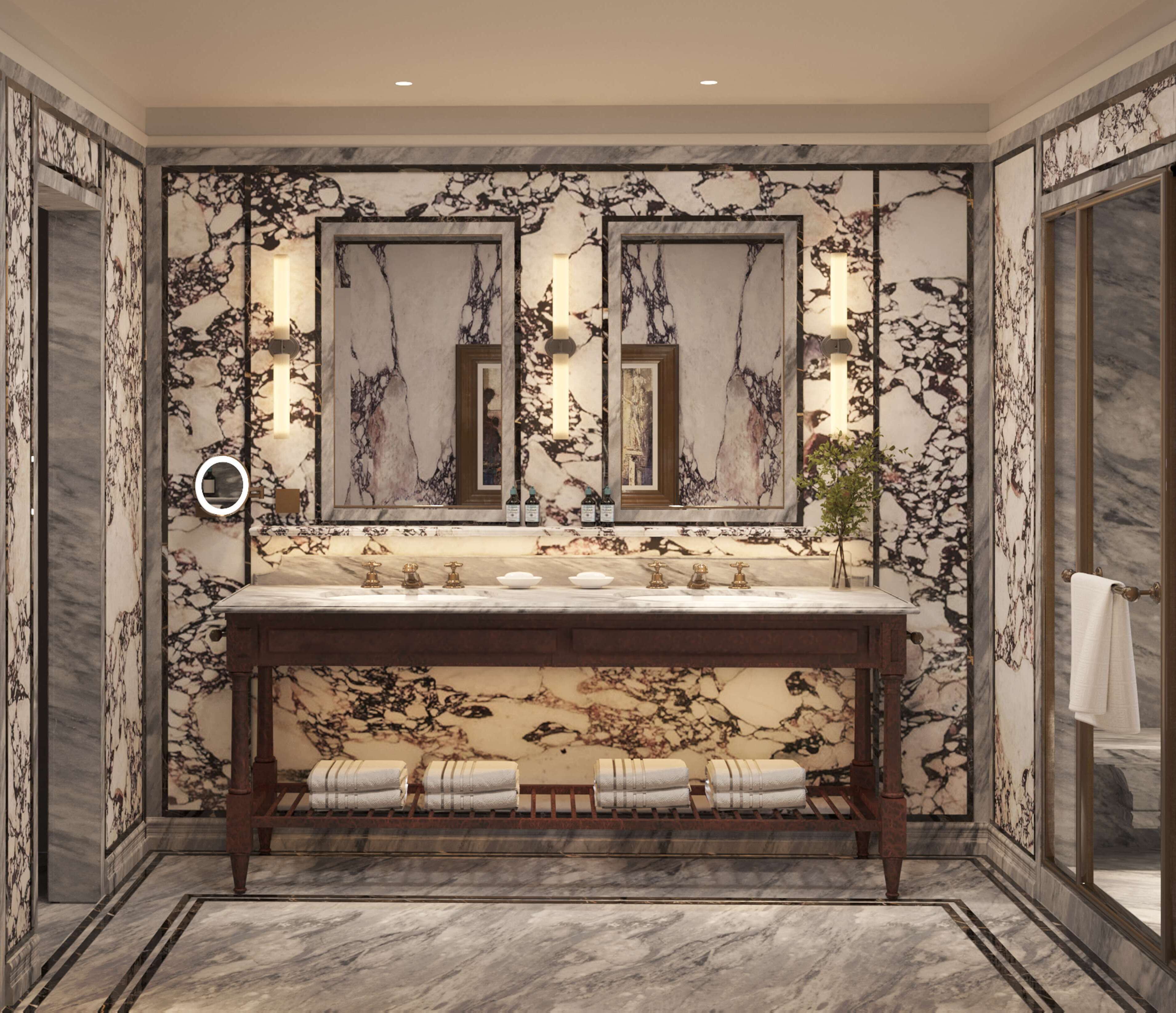 combined shower/bathtub, rainfall showerhead, hair dryer, bathrobes