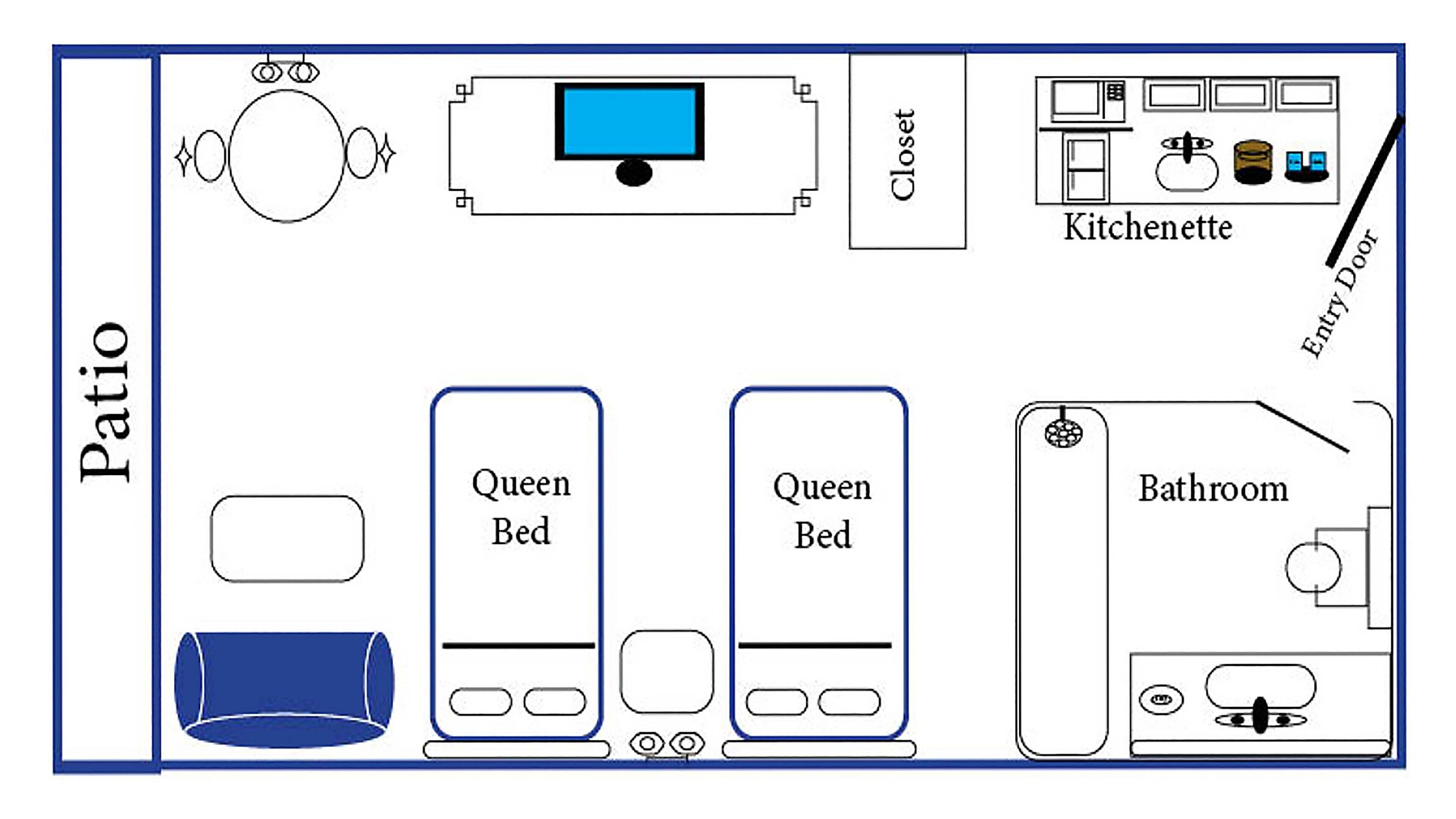 A floor plan with a patio, two queen beds, a bathroom, a kitchenette, and a closet.