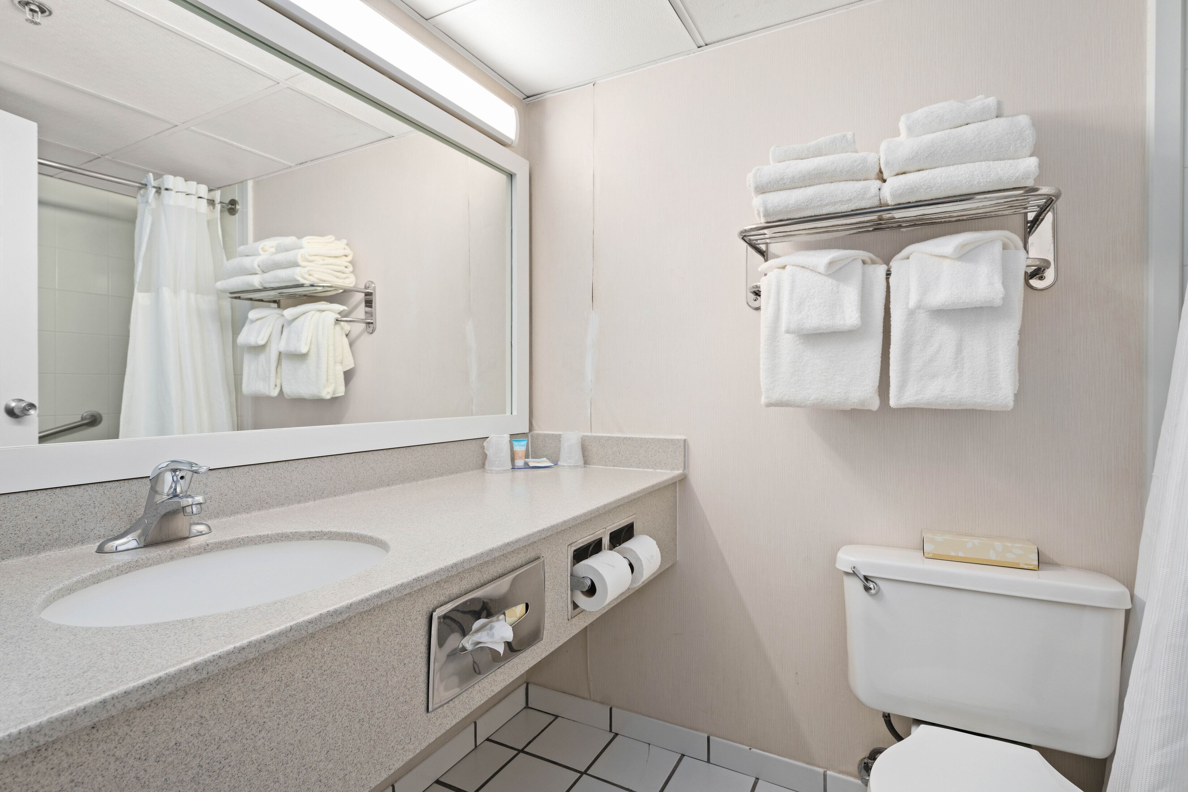 Une salle de bain équipée d’un lavabo, d’un miroir, d’un porte-serviettes, de toilettes et d’un rideau de douche.