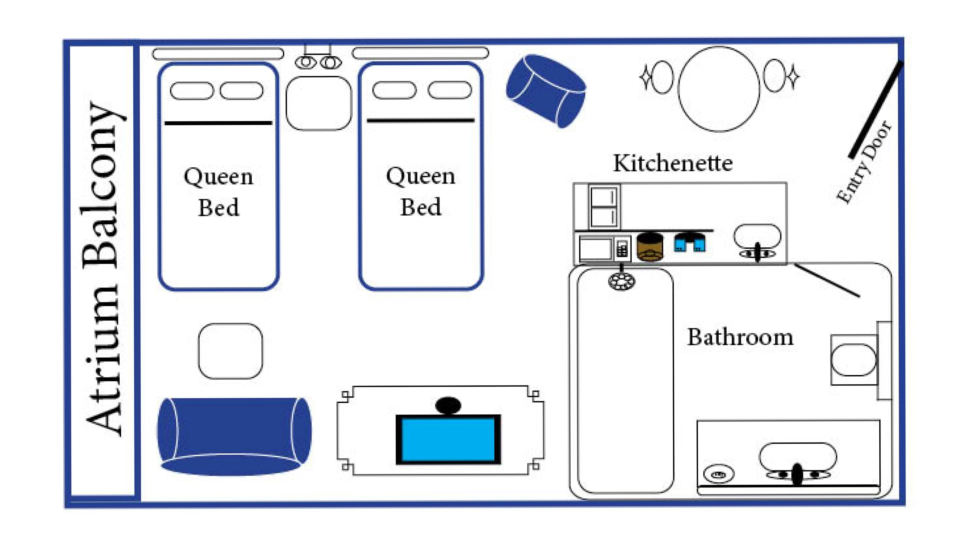 Atrio con due letti queen-size, angolo cottura e bagno.