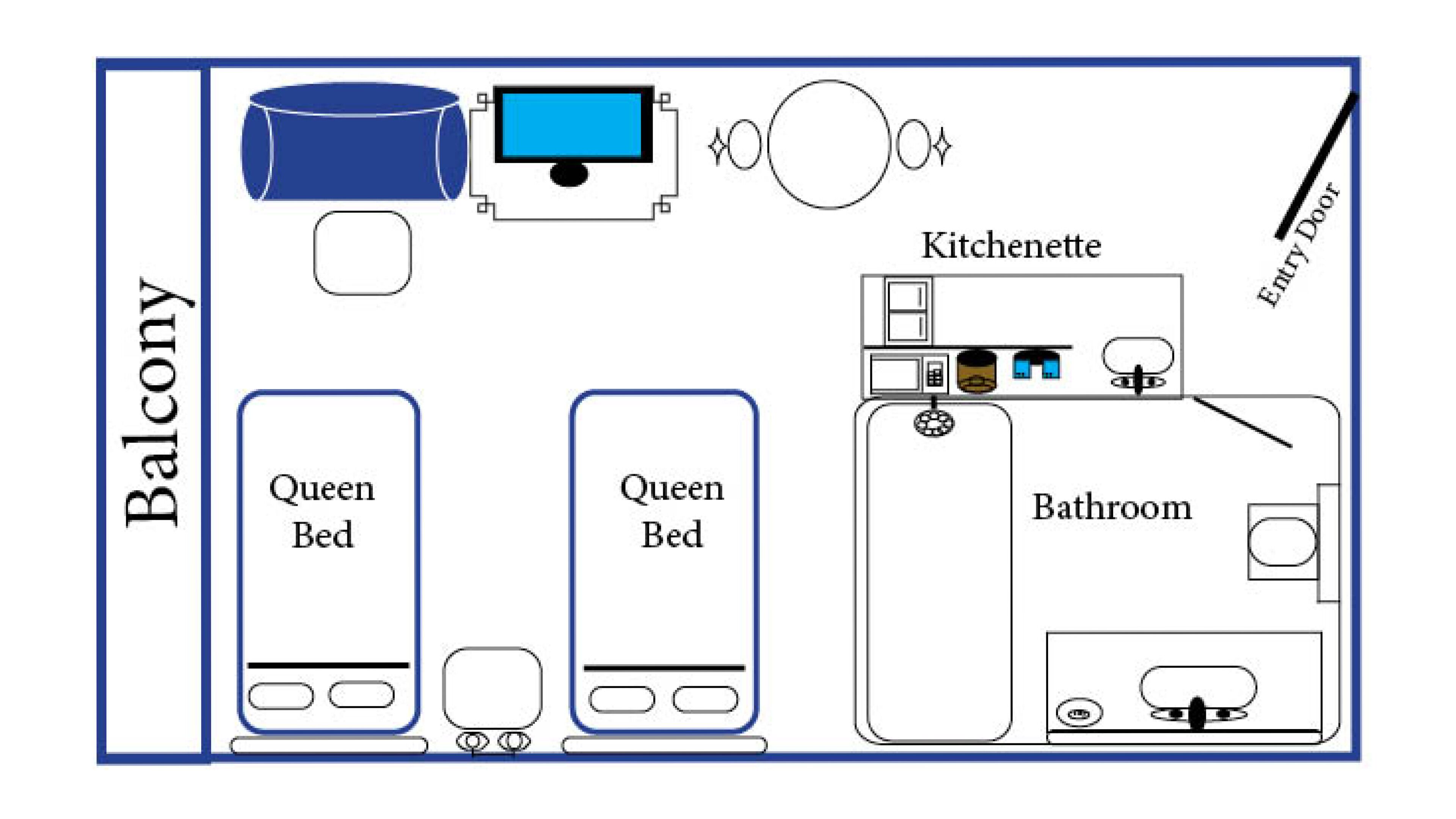 Distribució d'una habitació d'hotel amb balcó, dos llits queen-size, cuina sencera i bany.