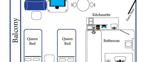 Distribució d'una habitació d'hotel amb balcó, dos llits queen-size, cuina sencera i bany.