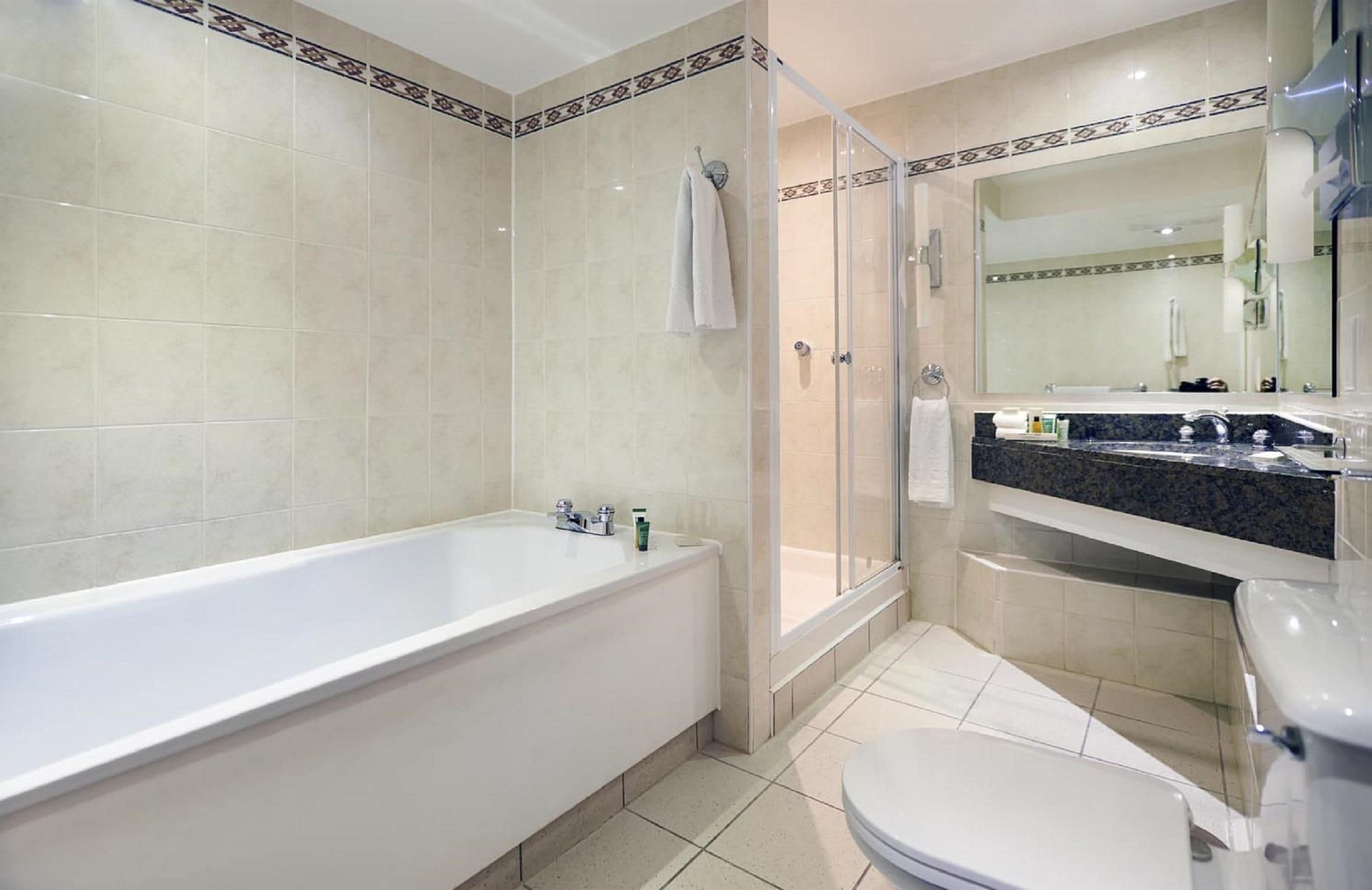 Ein modernes Badezimmer mit Badewanne, Dusche und Toilette.