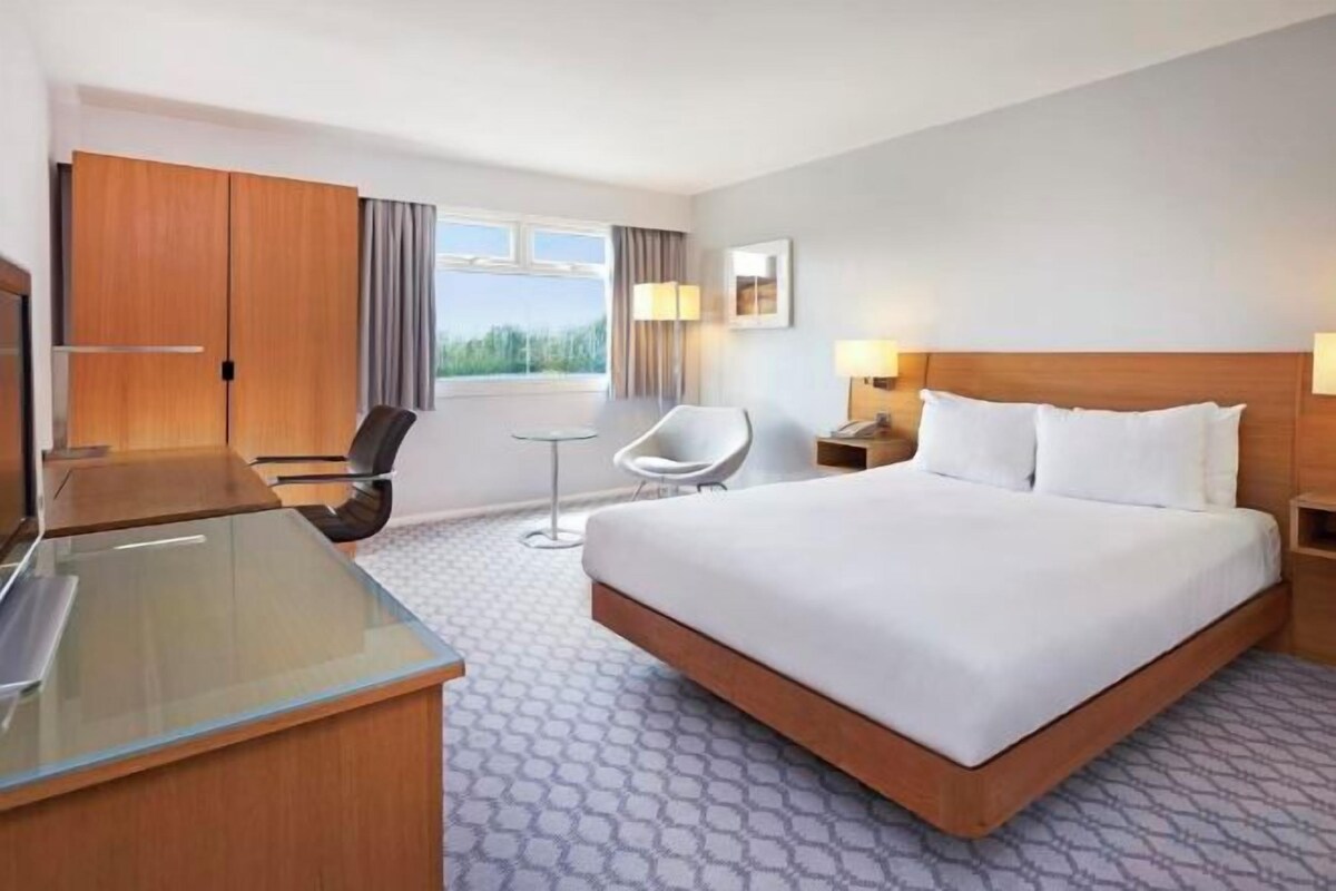 A hotel room with a large bed, a desk, a chair, a TV, and a window with curtains.