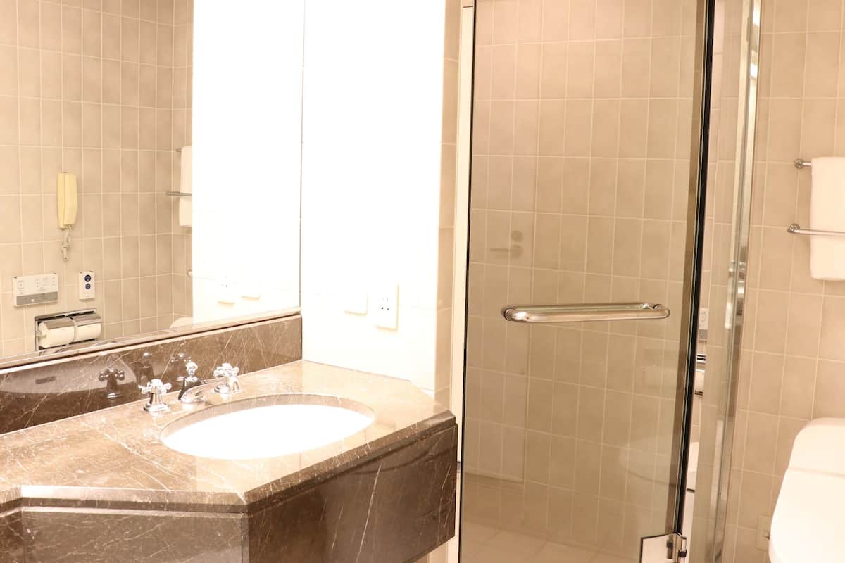 Combined shower/bathtub, rainfall showerhead, free toiletries