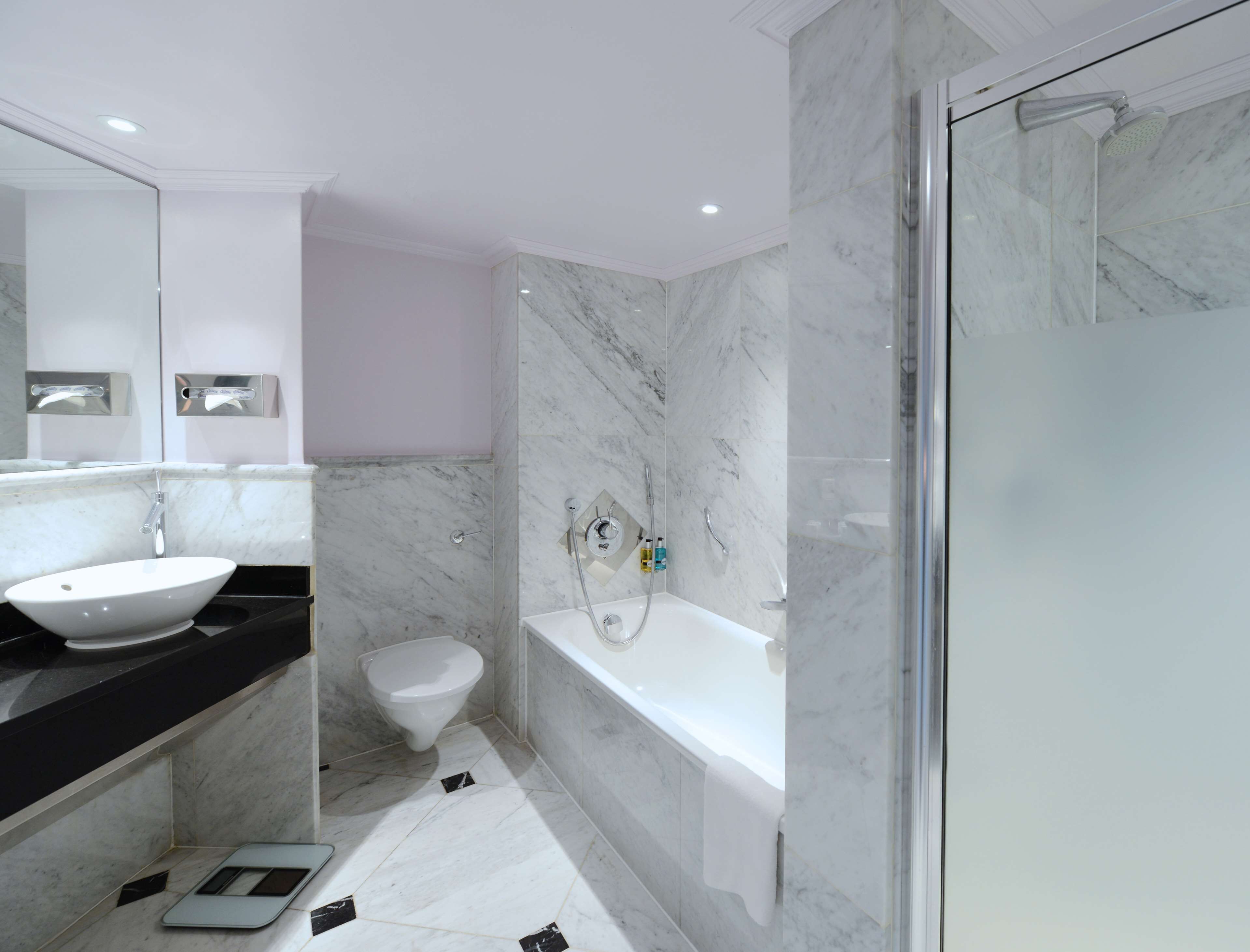 shower, designer toiletries, hair dryer, towels