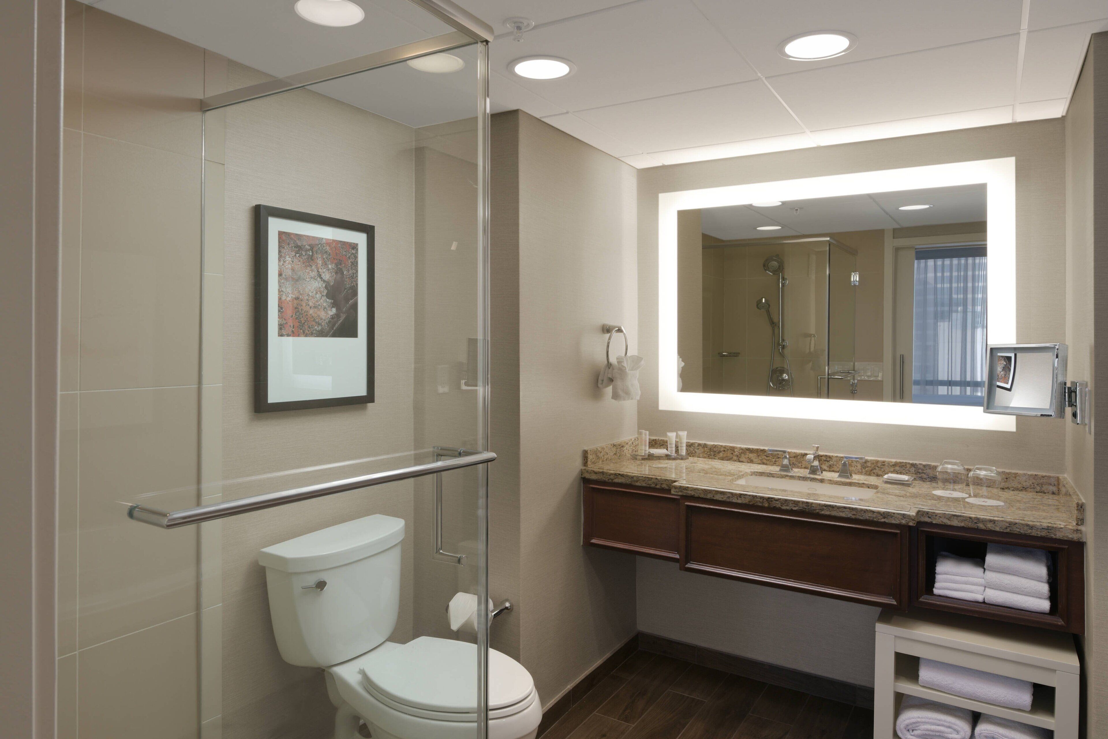 combined shower/bathtub, free toiletries, hair dryer, towels