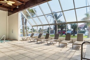 Indoor pool, outdoor pool, pool loungers