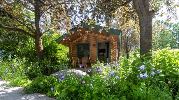 A rustic cabin surrounded by lush greenery and flowering plants. - Flying Saddle Resort (Alpine)