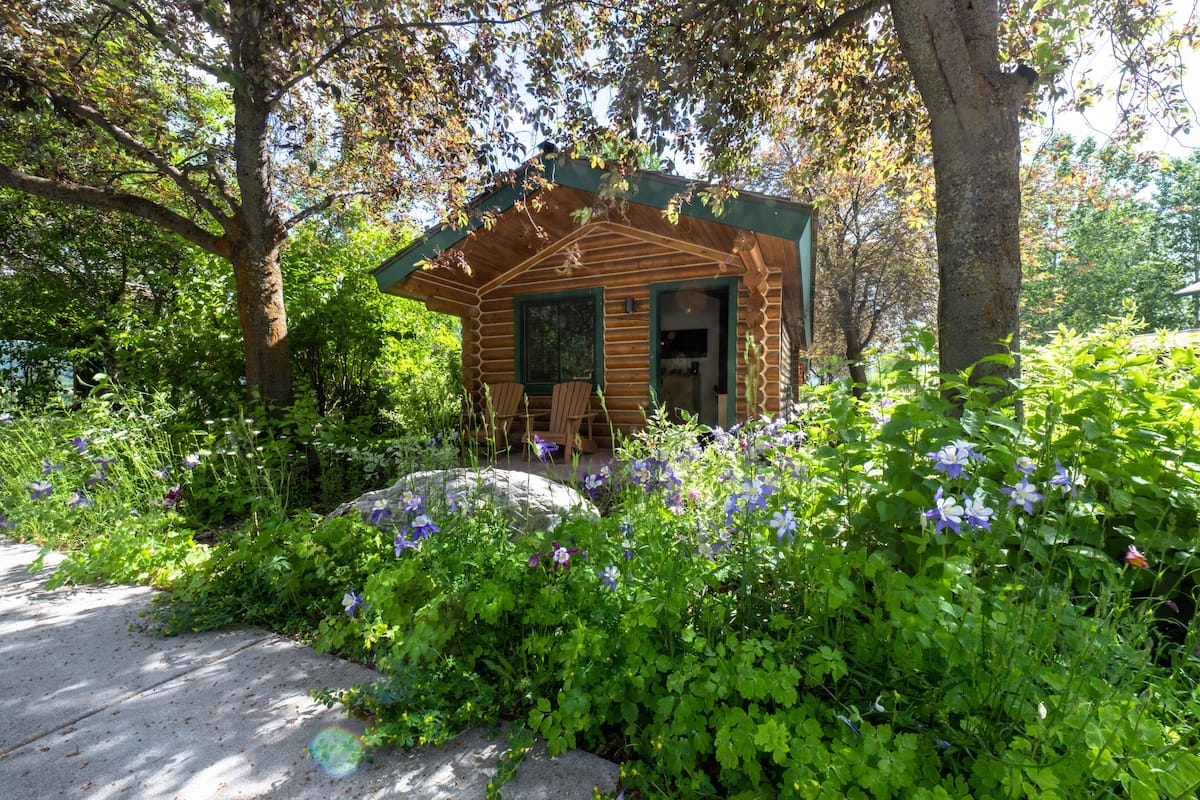 A rustic cabin surrounded by lush greenery and flowering plants.