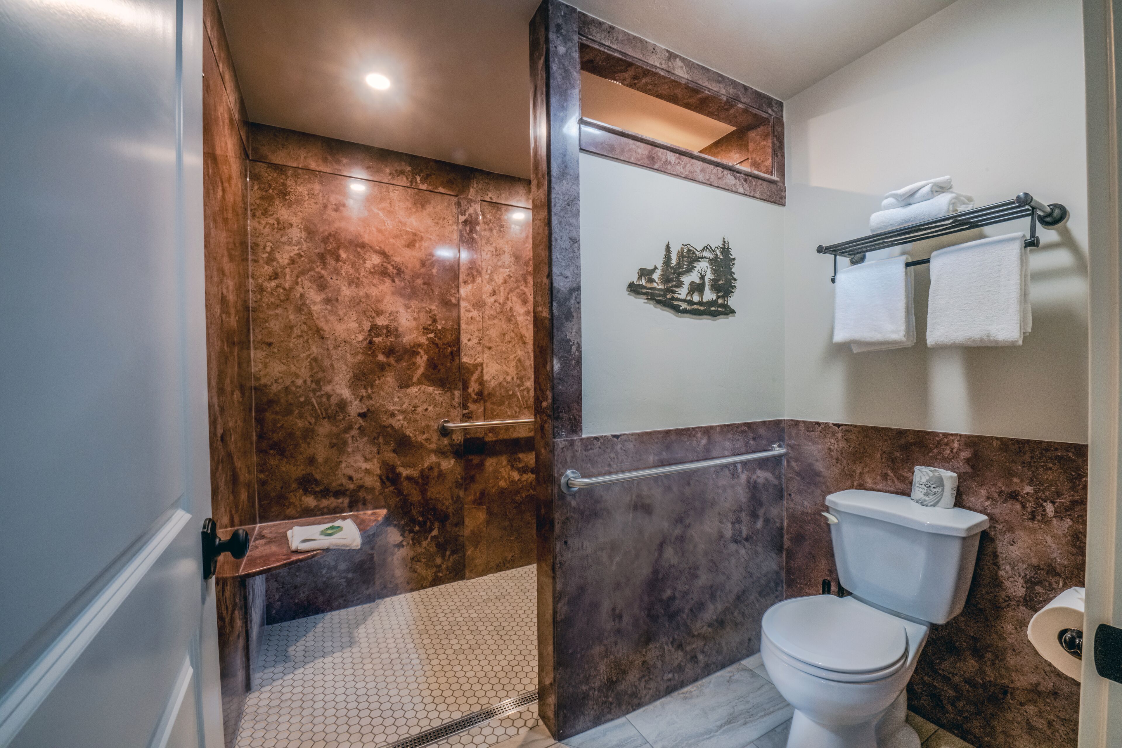 Un baño con ducha, inodoro y perchero para toallas.