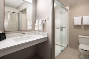 Combined shower/tub, free toiletries, hair dryer, towels
