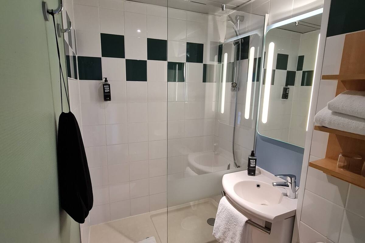 standard room, 1 double bed | bathroom | shower, eco-friendly toiletries, hair dryer, towels