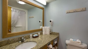 A bathroom with a granite sink, a mirror, a shower curtain, a toilet, and a towel rack.