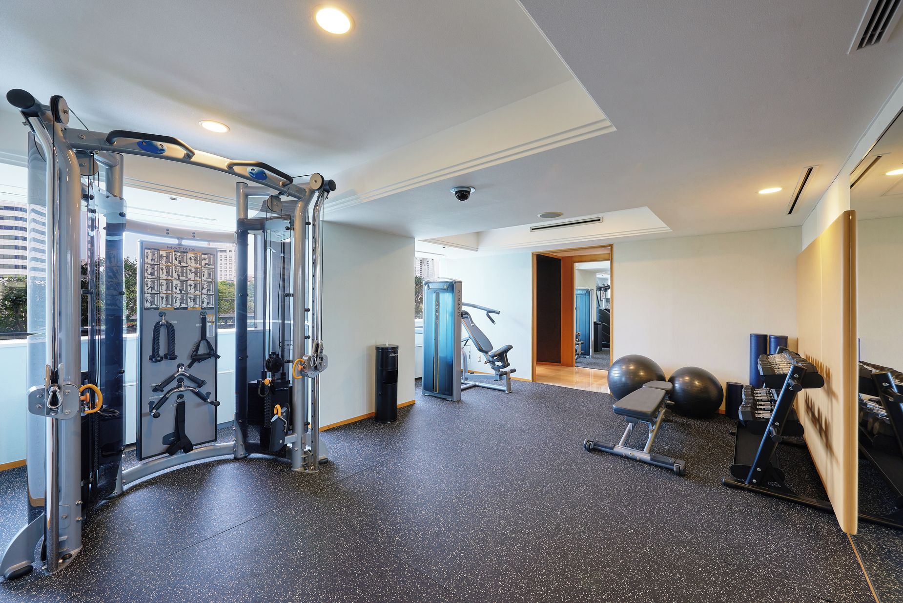 A gym with various exercise equipment, a mirrored wall, and a view of the city.