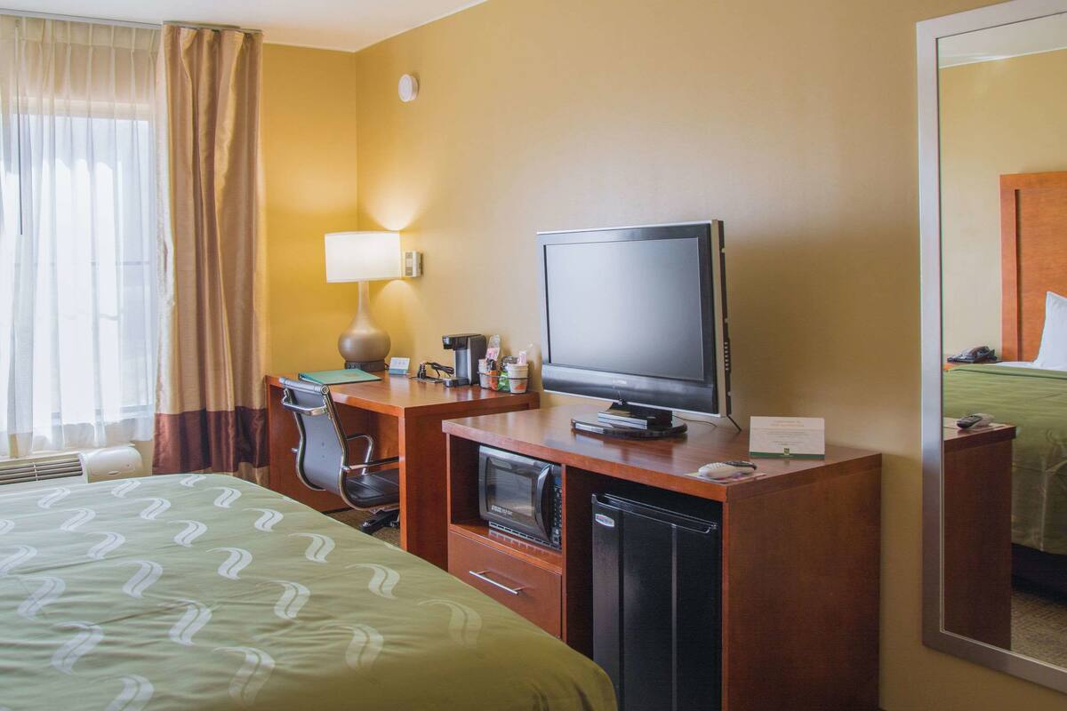 A hotel room with a bed, desk, television, microwave, and refrigerator.