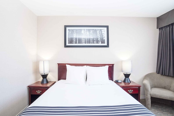 Habitación de hotel con una cama grande, dos mesitas de noche con lámparas, una silla e imagen enmarcada en la pared.