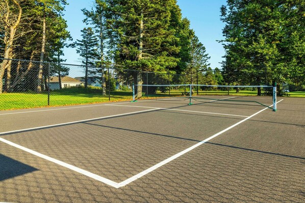 Un court de tennis en plein air, doté d’un filet, entouré d’arbres et délimité par une clôture.