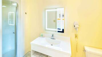 A bathroom with a white sink, a mirror, a toilet, and a glass shower enclosure.