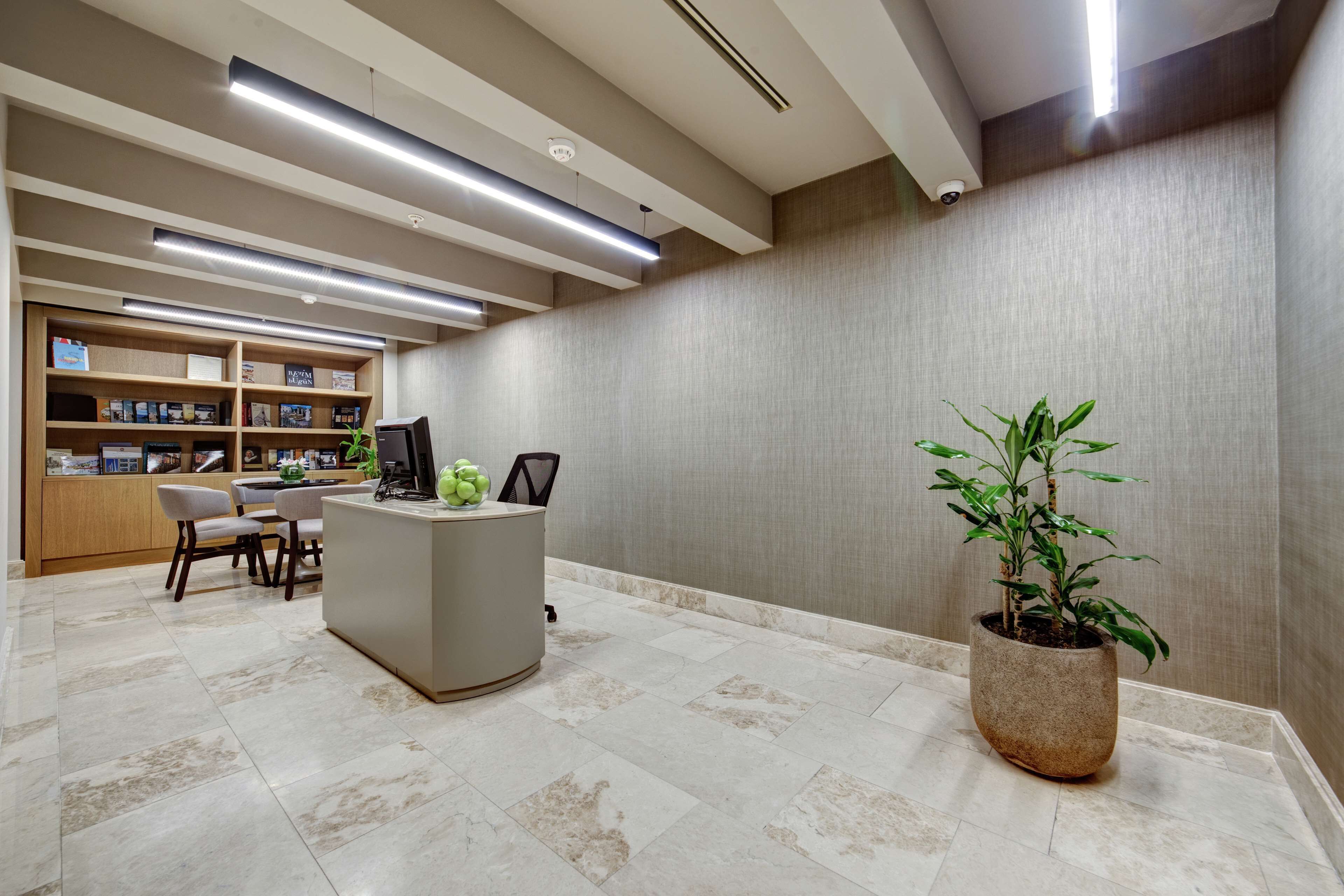 A reception area with a desk, chairs, a potted plant, and a shelf with various items.