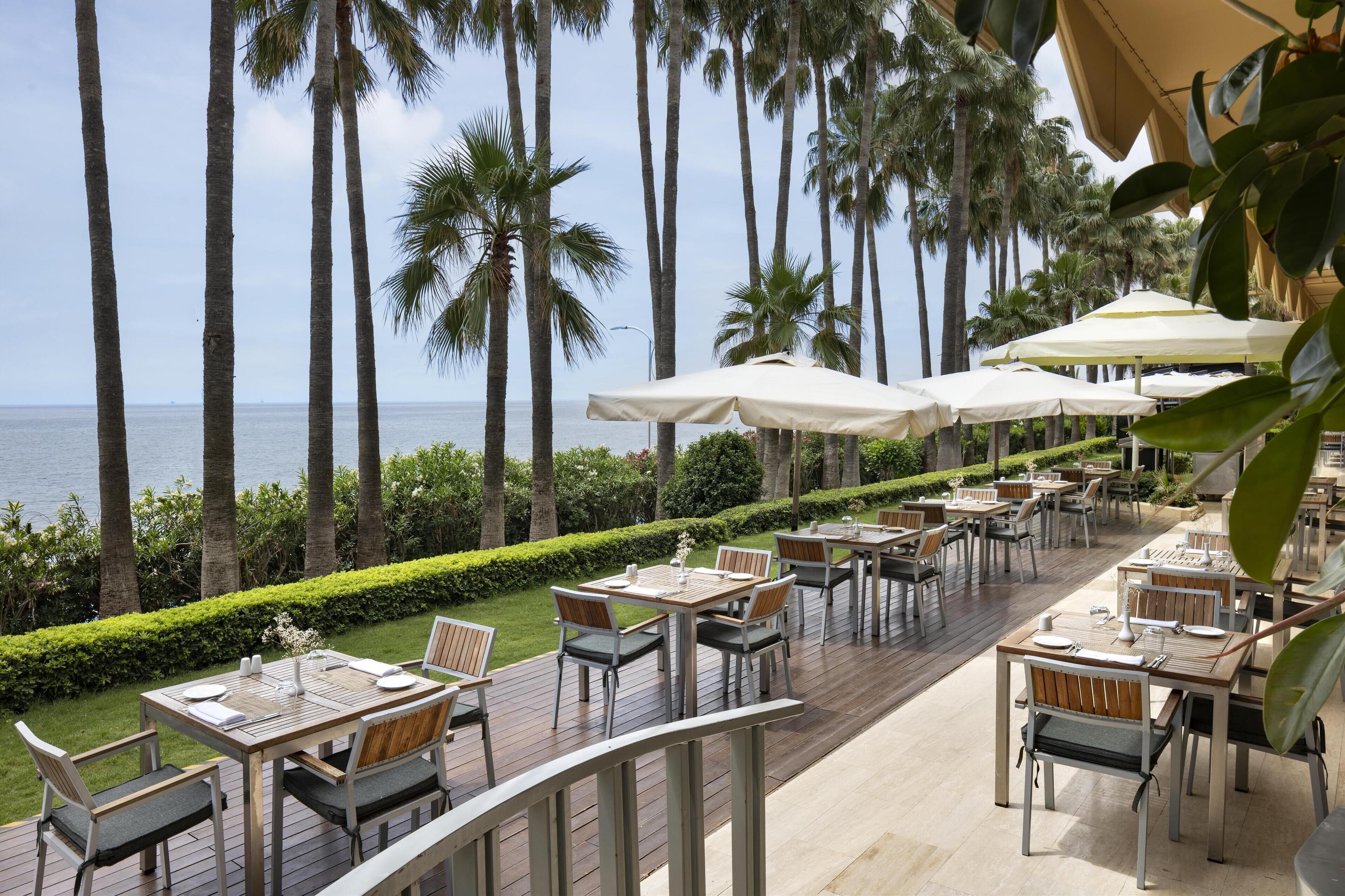 An outdoor dining area with tables and chairs, surrounded by palm trees and a view of the ocean.