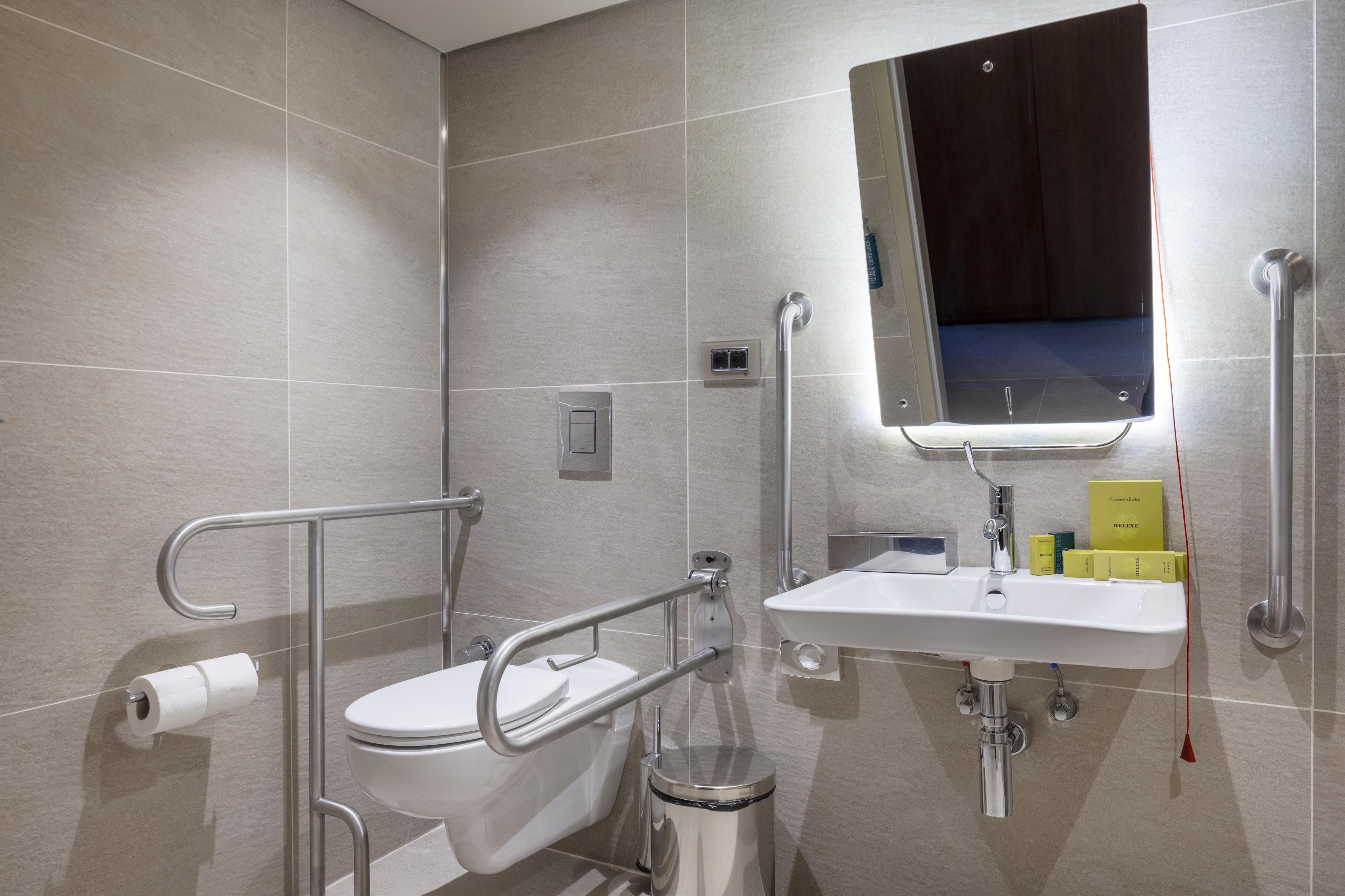 A modern bathroom with a toilet, grab bars, a sink, and a mirror.