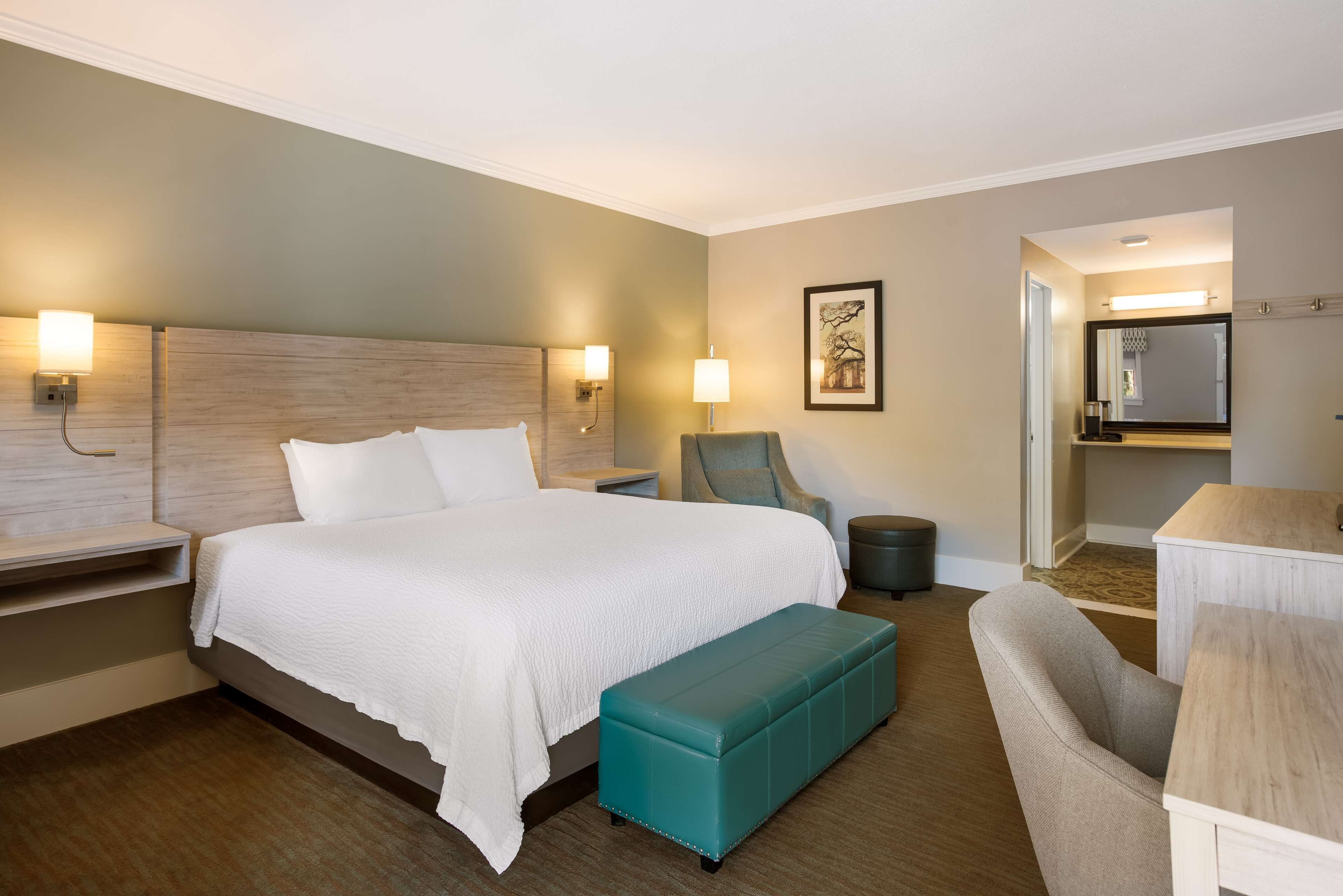 premium bedding, desk, laptop workspace, blackout curtains