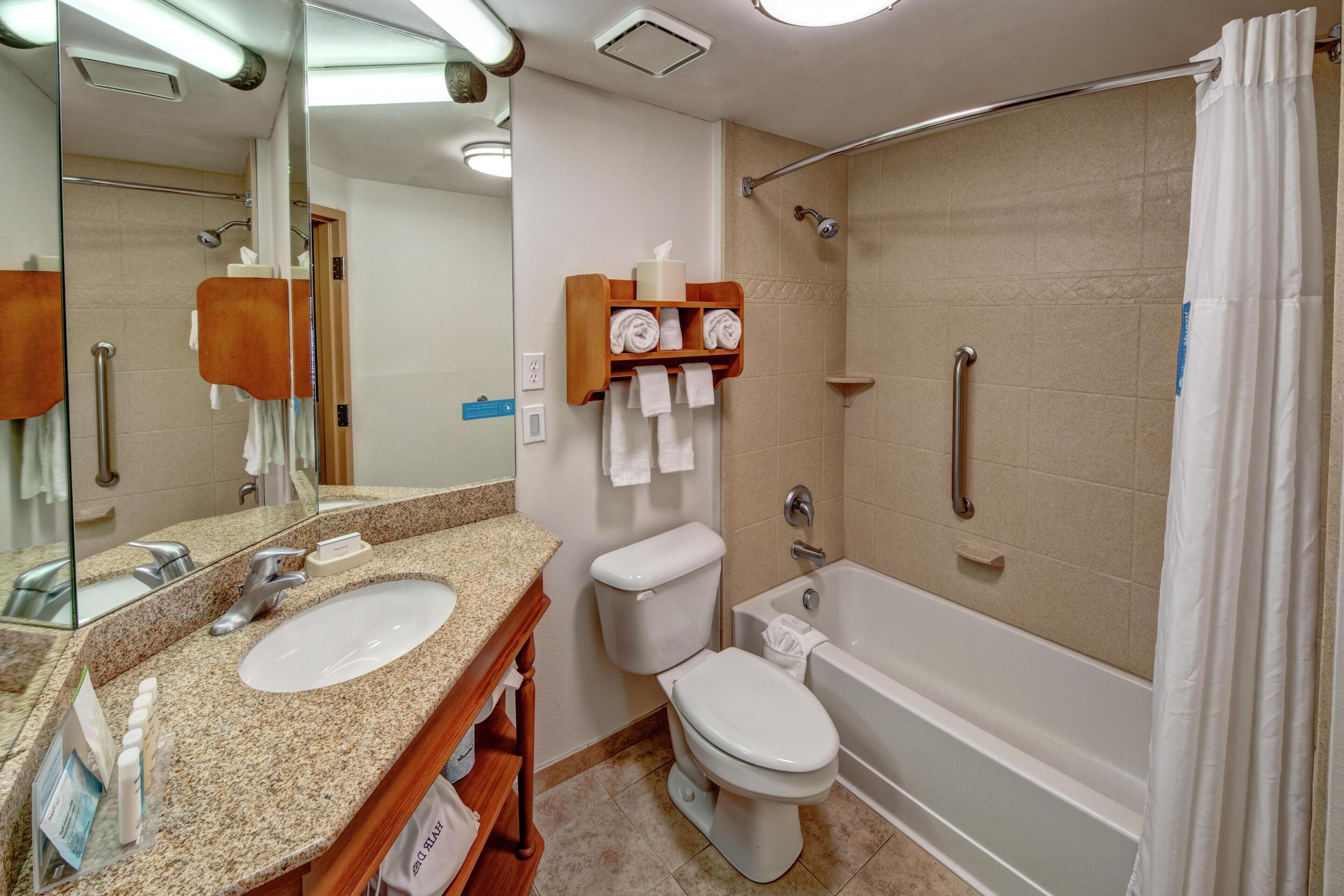 Combined shower/tub, free toiletries, hair dryer