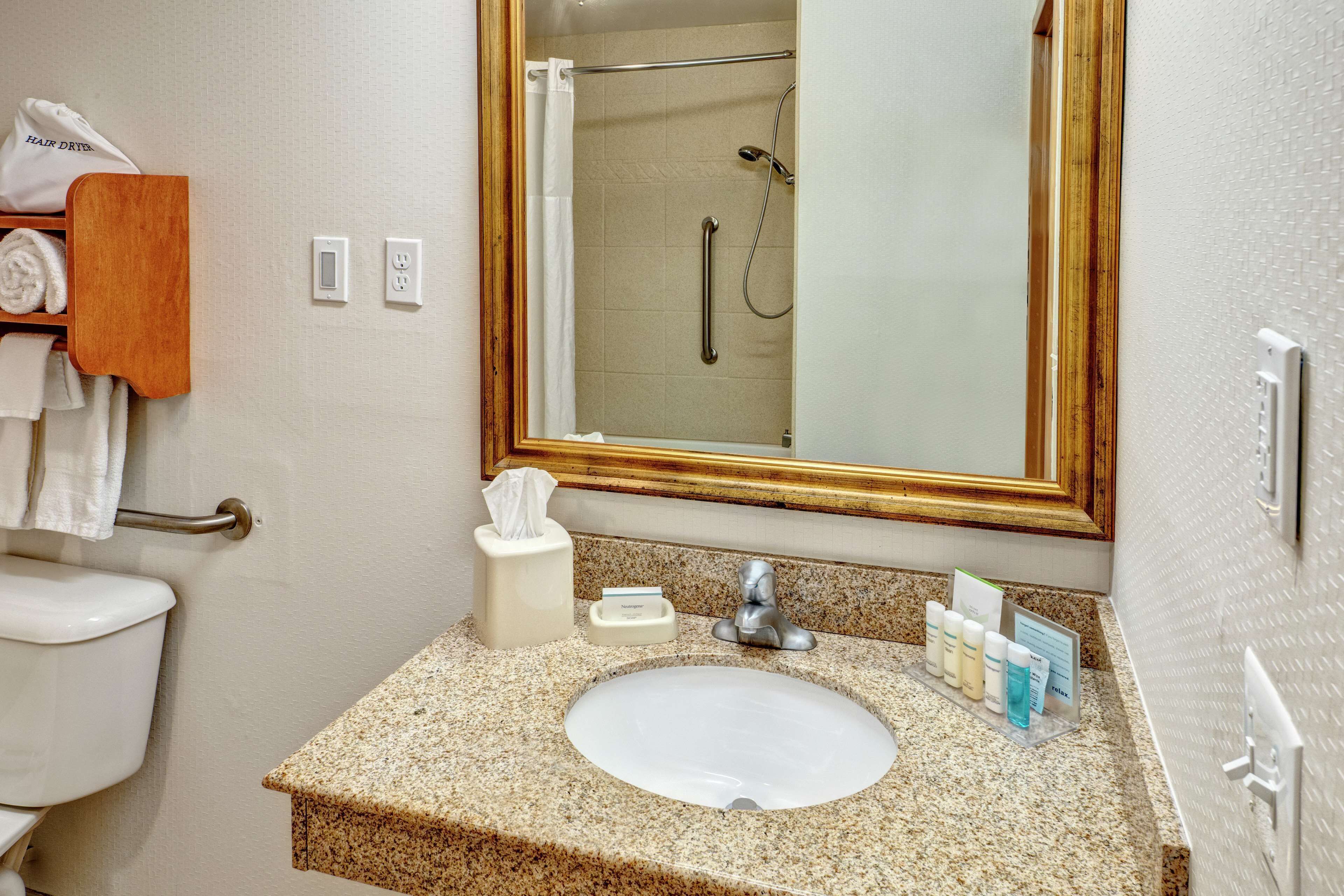 combined shower/bathtub, free toiletries, hair dryer