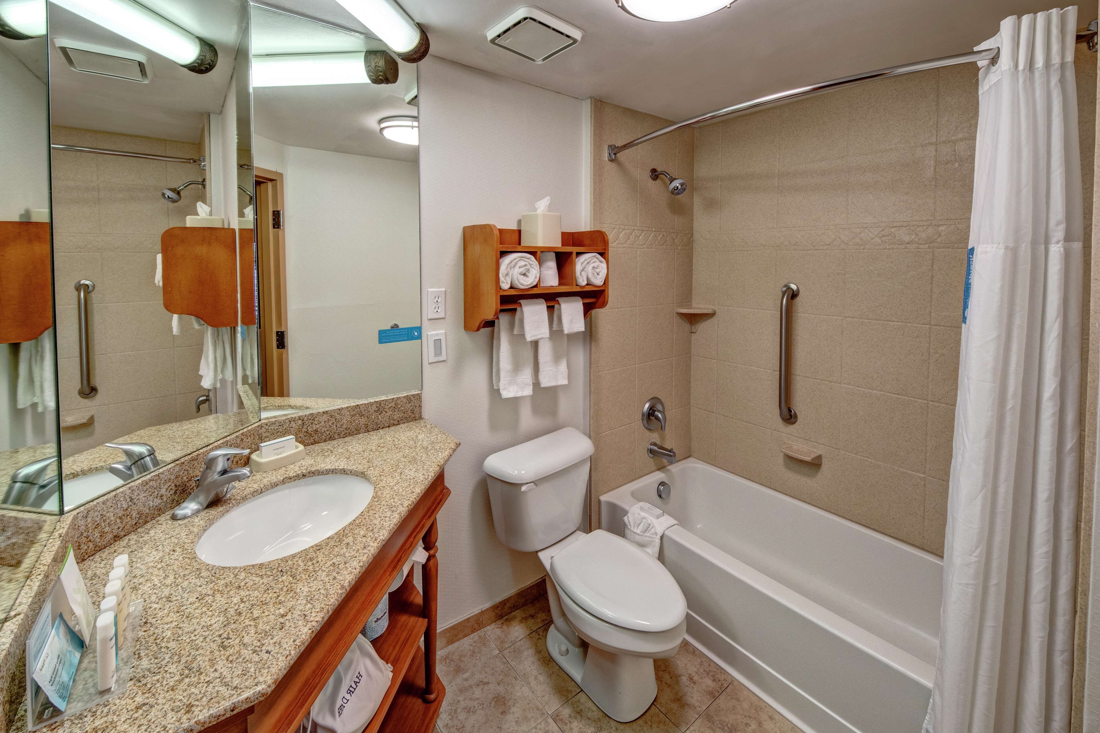 combined shower/bathtub, free toiletries, hair dryer
