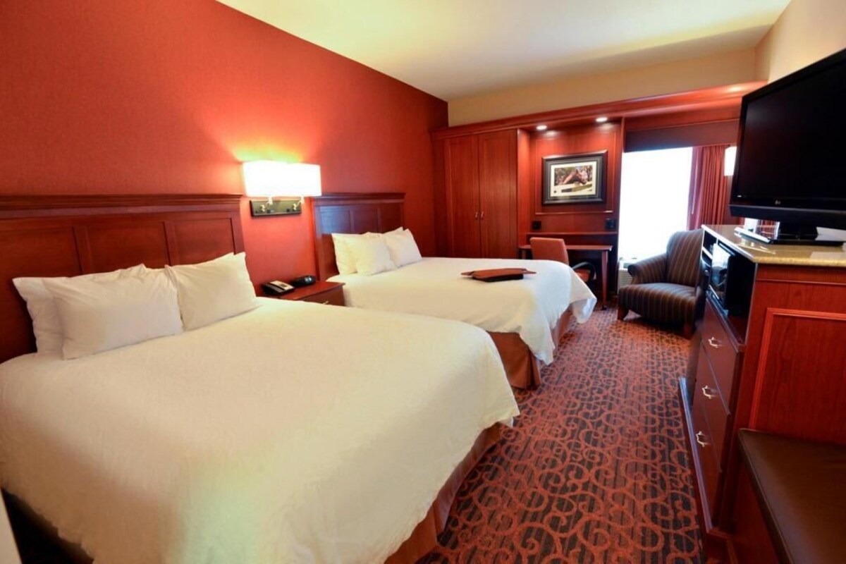 Habitación de hotel con dos camas, un escritorio, televisor y suelo cubierto con alfombra roja.