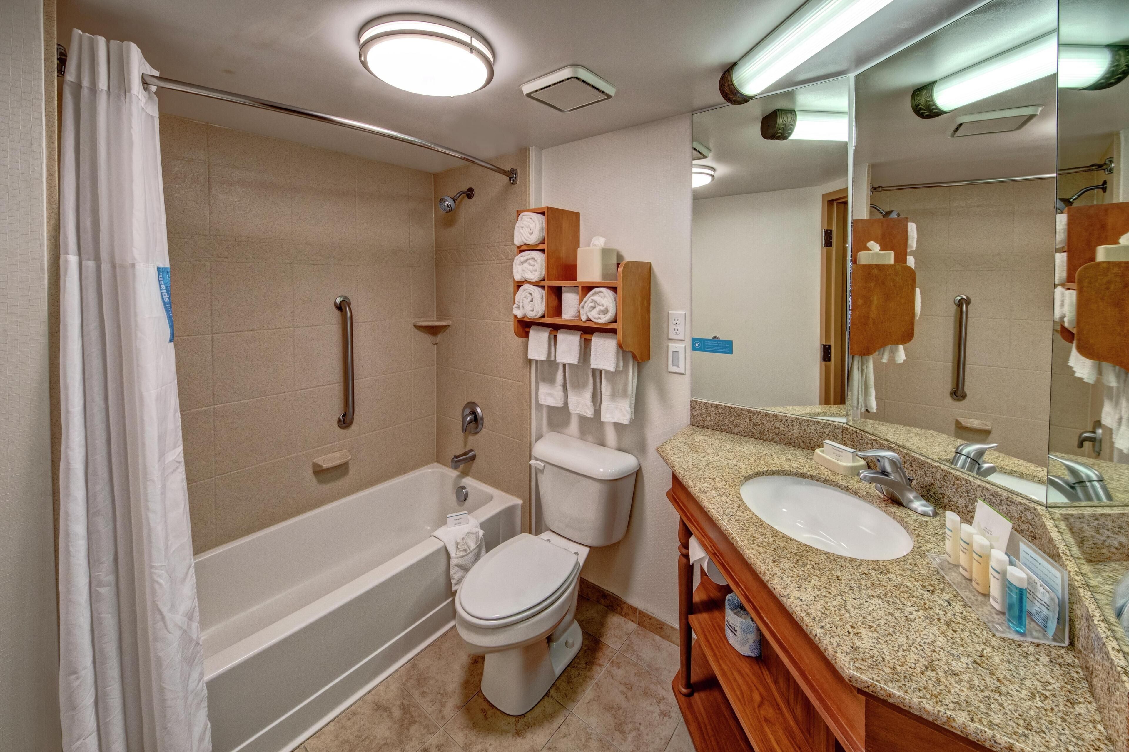 A bathroom with a bathtub, toilet, and sink, equipped with a mirror, towel rack, and handrails.