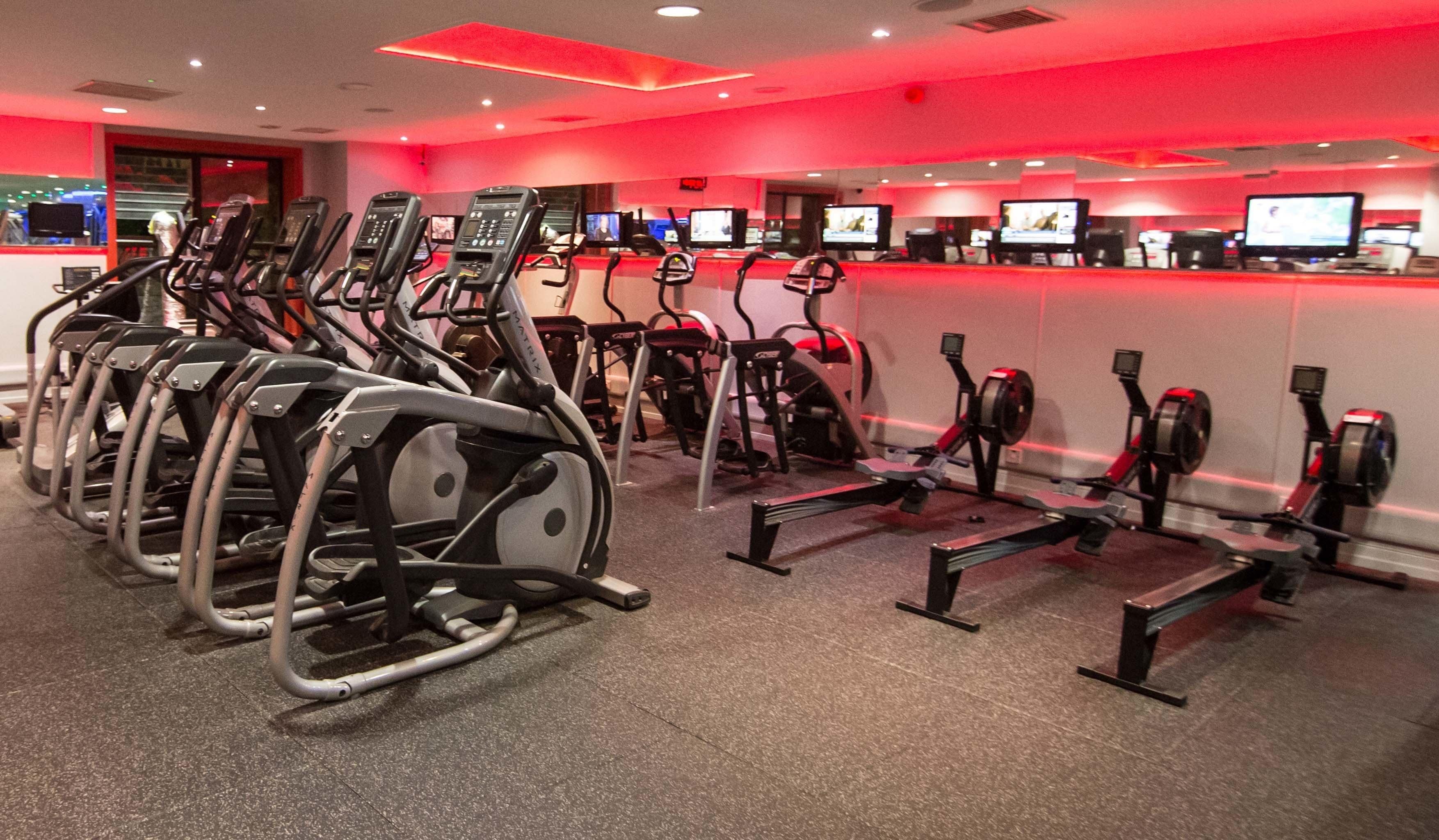 A gym with multiple treadmills and elliptical machines, arranged in rows.
