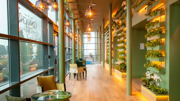 Un amplio vestíbulo de hotel con techos altos, iluminación moderna y una pared verde decorada con plantas.