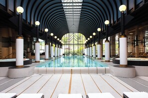 Indoor pool, seasonal outdoor pool, pool loungers