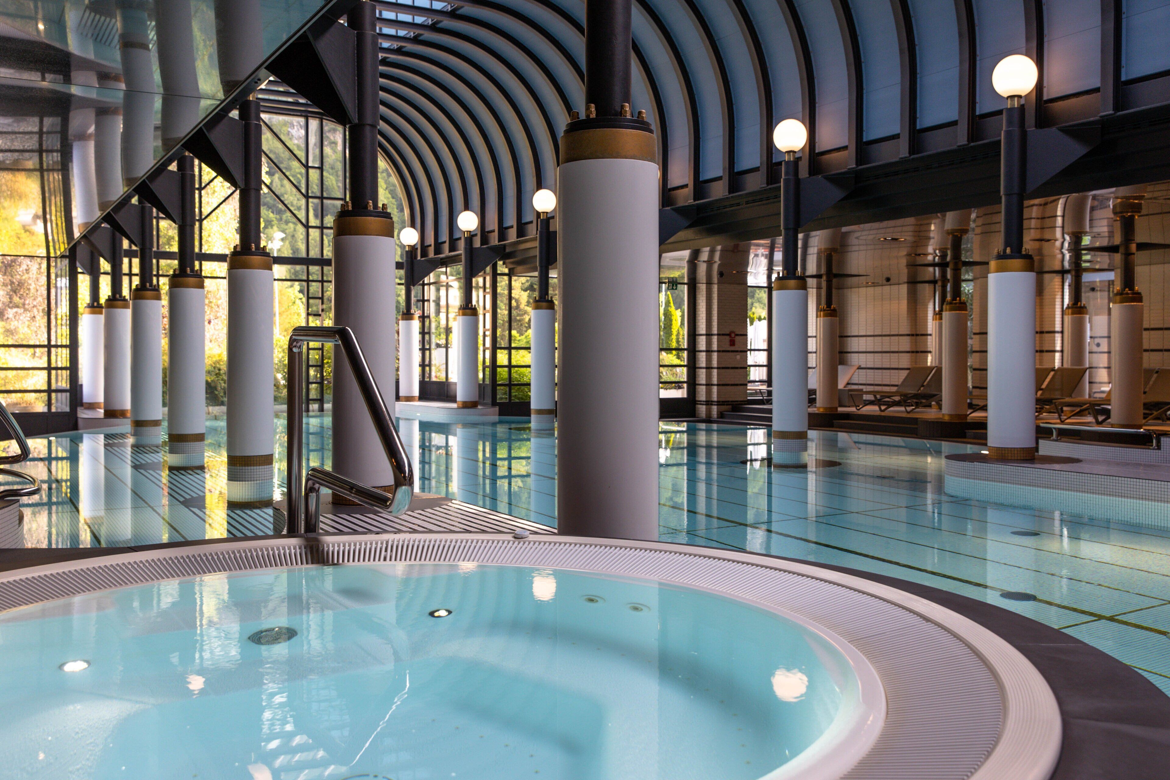 indoor pool, outdoor pool, pool loungers