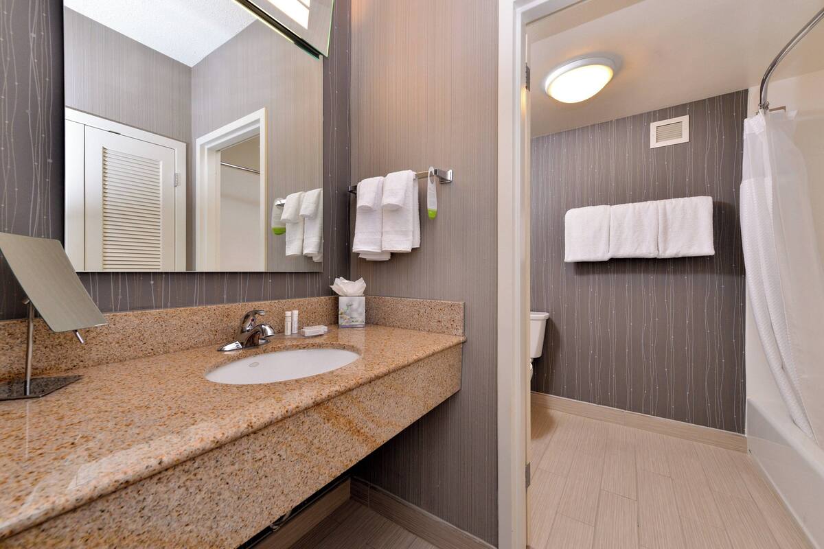 A bathroom with a granite countertop sink, a mirror, and a shower with a curtain.