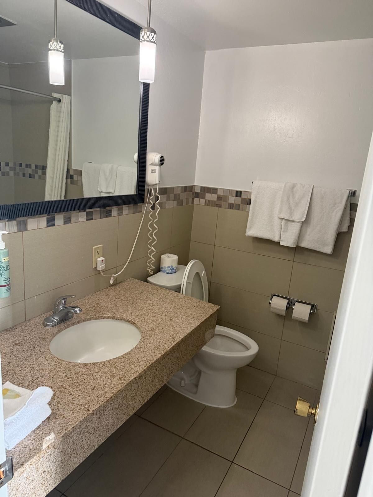 Een badkamer met een wastafel met granieten blad, een spiegel, een haardroger, een toilet en een handdoekhouder.