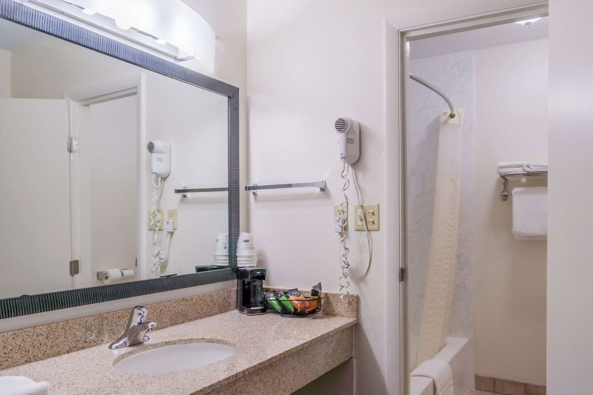 Une salle de bain équipée d’un lavabo, d’un miroir, d’un sèche-cheveux et d’une douche.