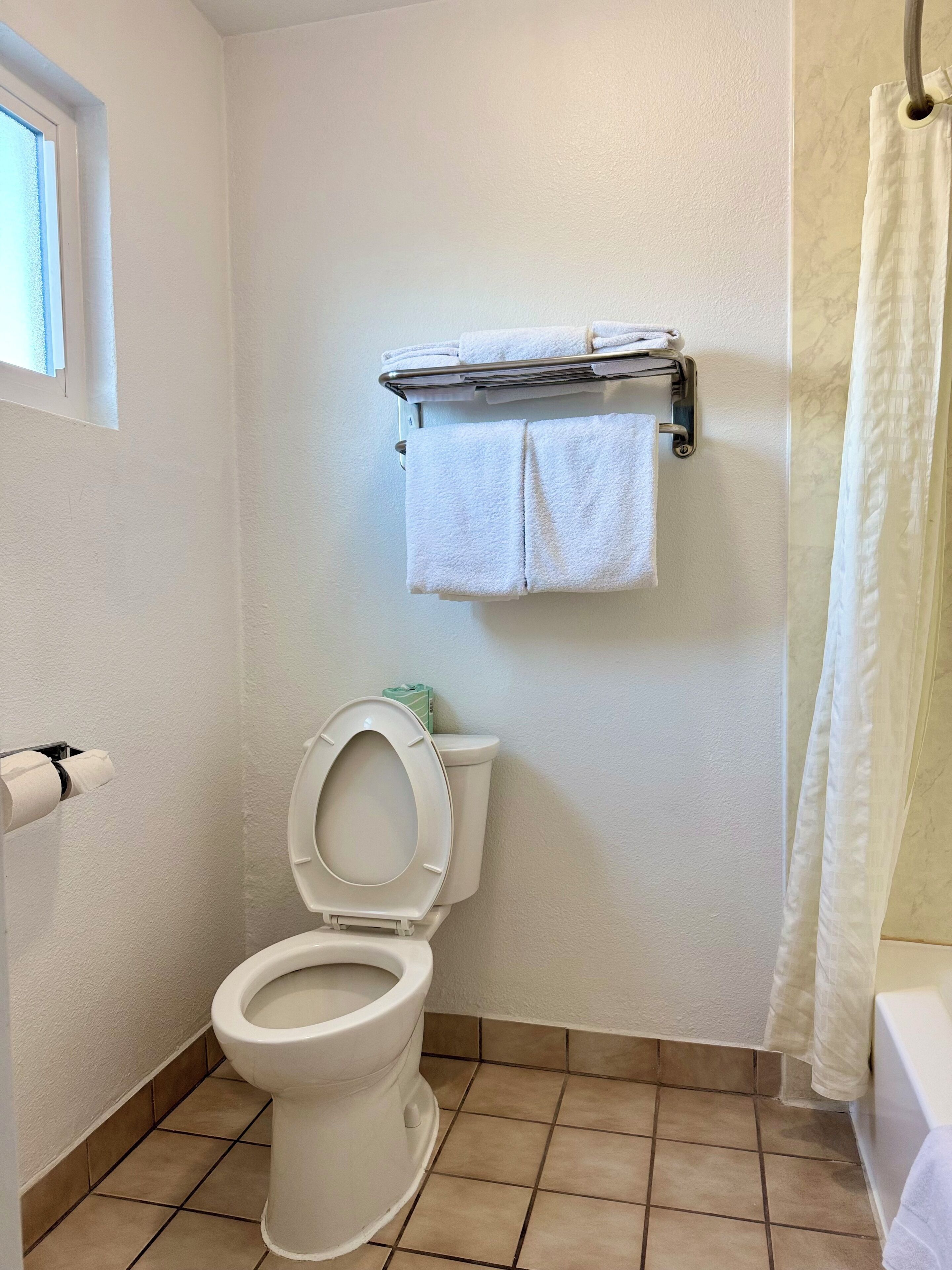 Uma casa de banho com sanita, um suporte de toalhas com duas toalhas, um rolo de papel higiénico e um cortina de chuveiro.