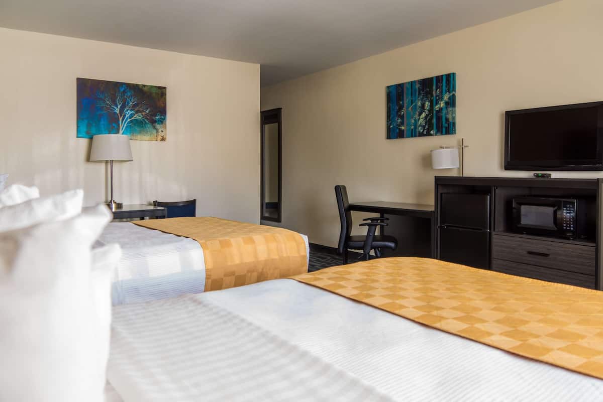 Une chambre d’hôtel avec deux lits, un bureau, une chaise, une télévision et un four à micro-ondes.