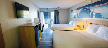 Premium bedding, desk, laptop workspace, iron/ironing board