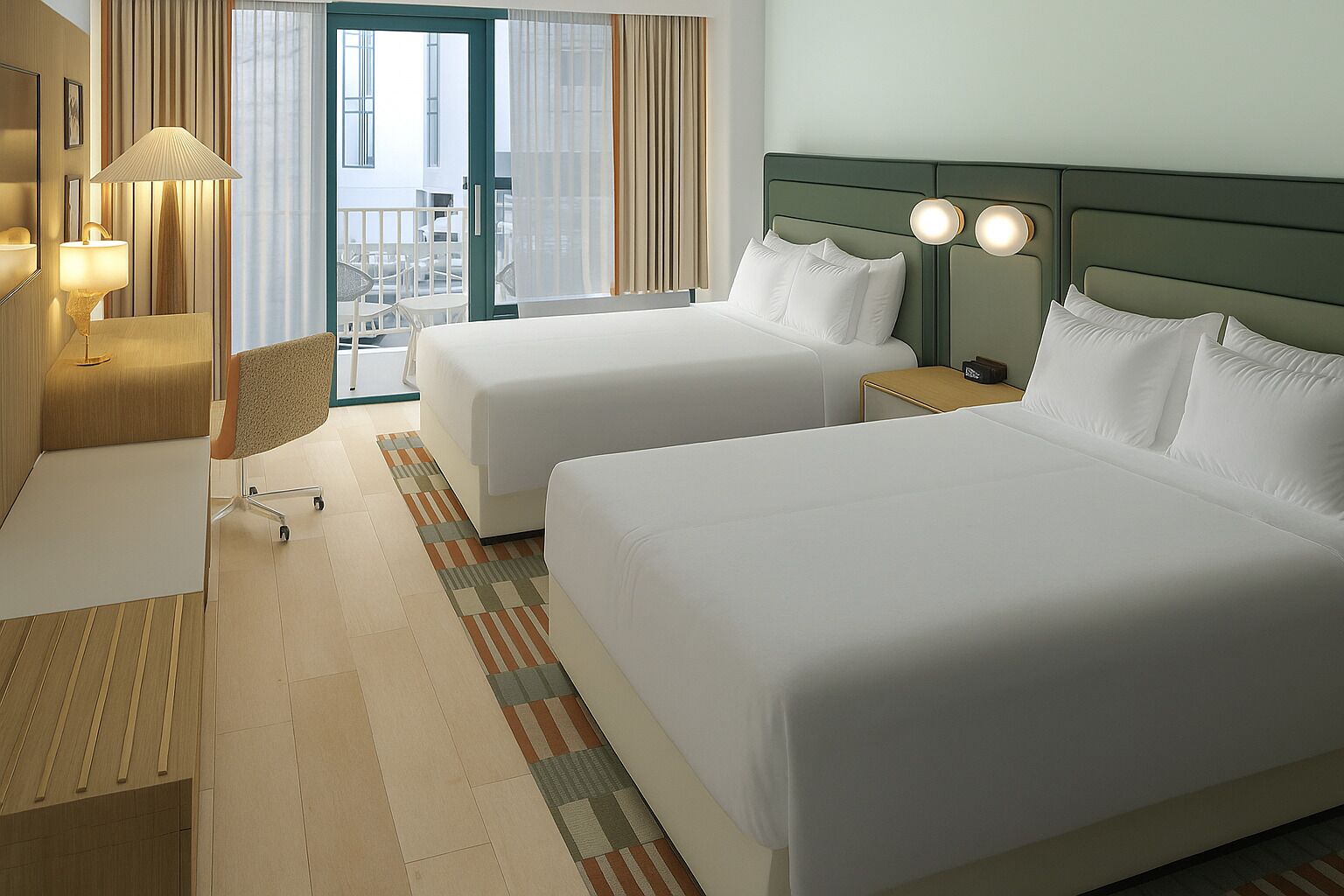 A hotel room with two beds, a desk, a chair, a lamp, and a view of the outside.