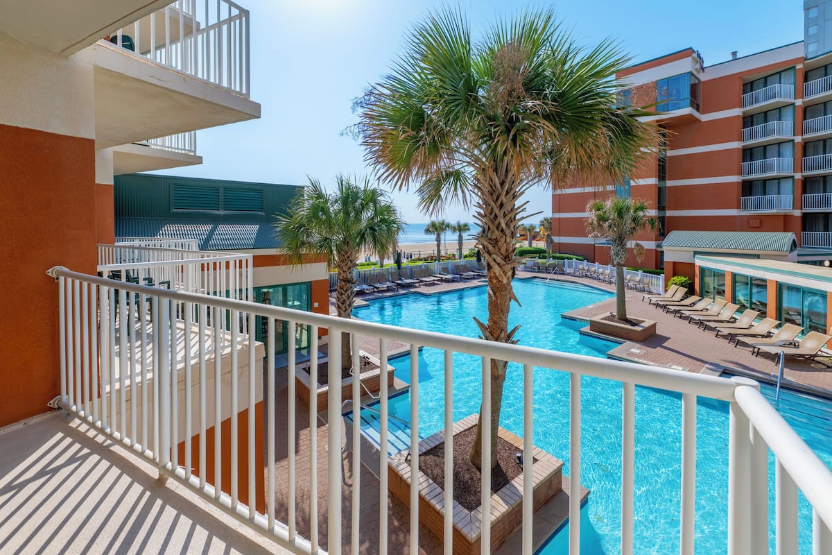 A hotel pool area with a clear view of the pool, lounge chairs, and palm trees.