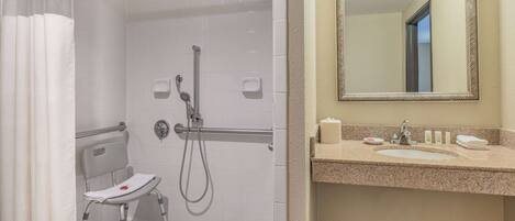 A bathroom with a shower, a toilet, a sink, and a mirror.
