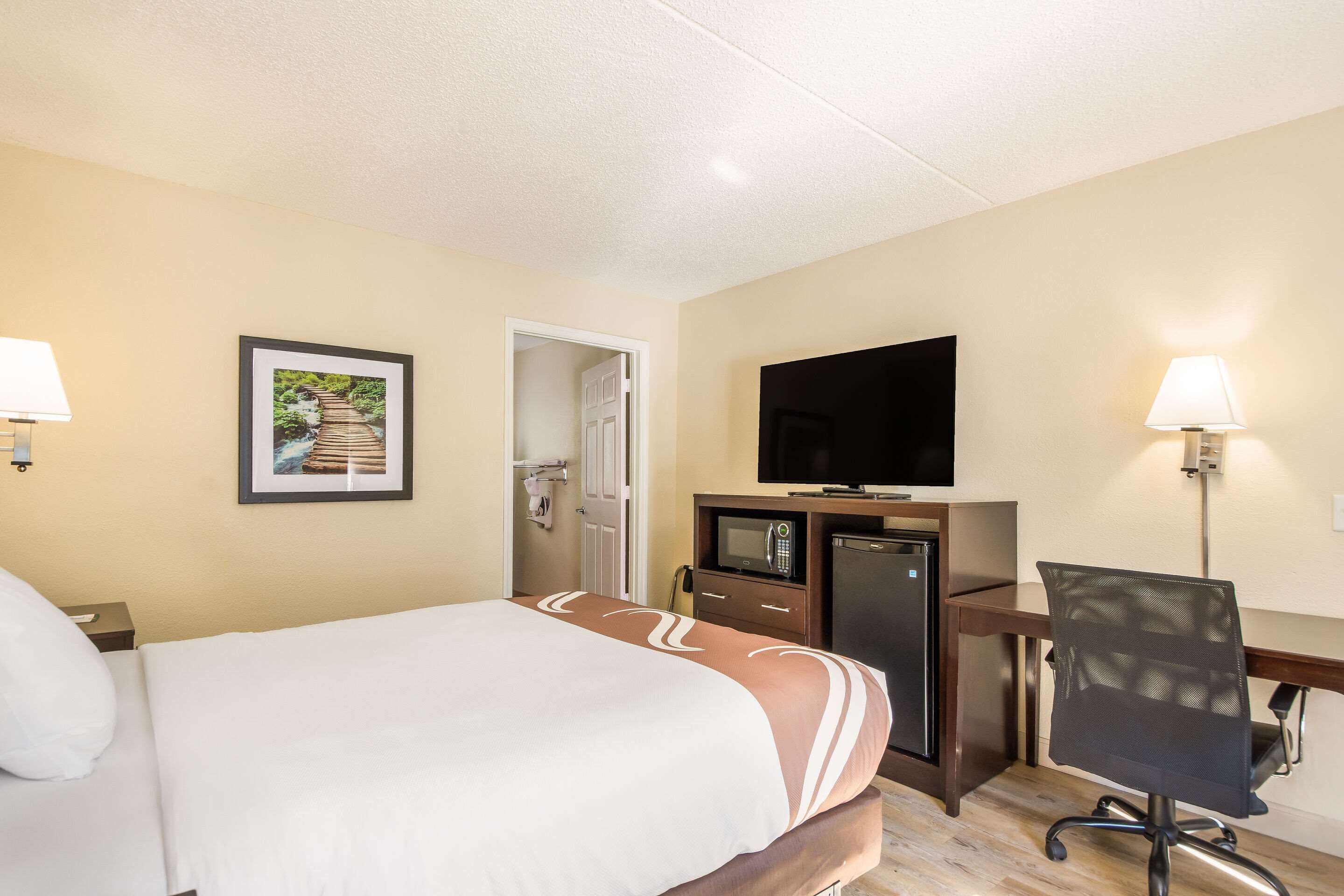 Een hotelkamer met een bed, een bureau met een computer, een televisie en een schilderij aan de muur.