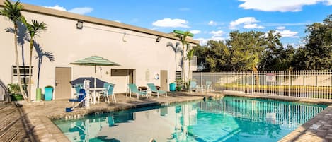 A swimming pool with lounge chairs and umbrellas, surrounded by a fence and palm trees.