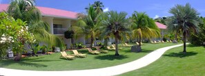 A resort with a poolside area, palm trees, and lounge chairs.