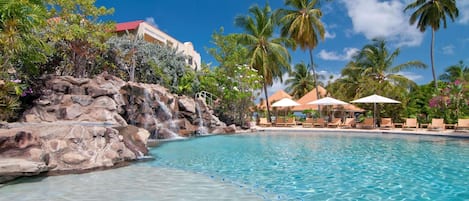 2 outdoor pools, open 10:00 AM to 10 PM, pool umbrellas, pool loungers