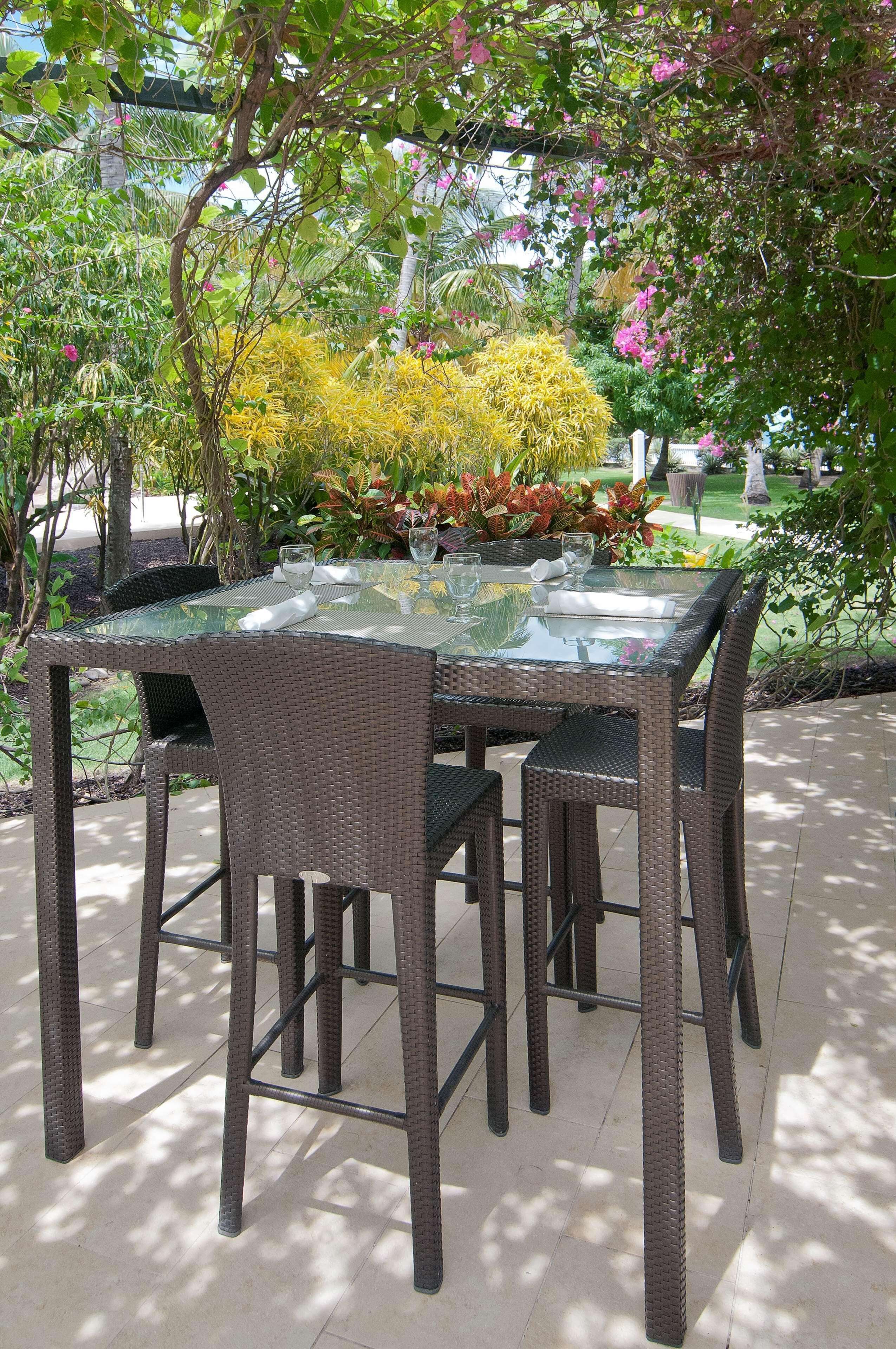 An outdoor dining area with wicker chairs and a glass table, surrounded by lush greenery and flowering plants.